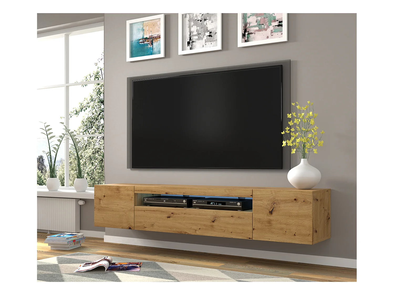 Meuble TV AURA 200 cm suspendu ou debout chêne artisanal + LED