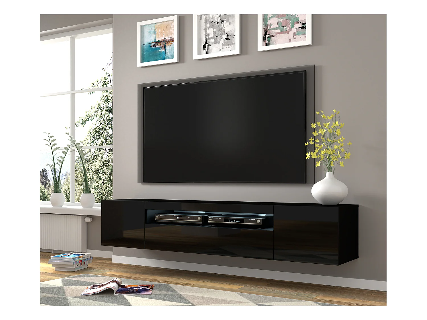 Meuble TV AURA 200 cm suspendu ou debout noir mat / noir brillant