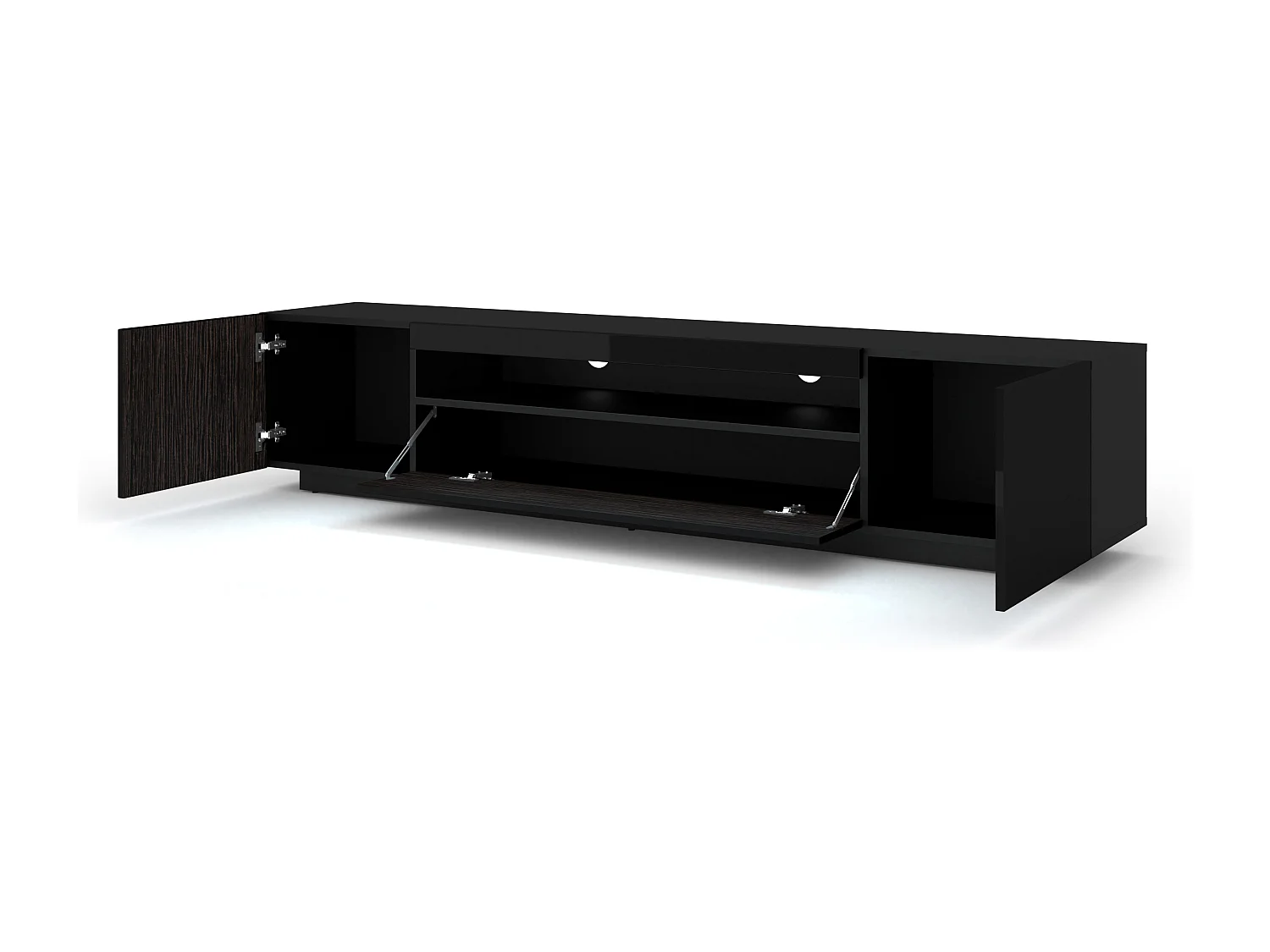 TV-kast AURA 200 cm hangend of staand, mat zwart / hoogglans zwart