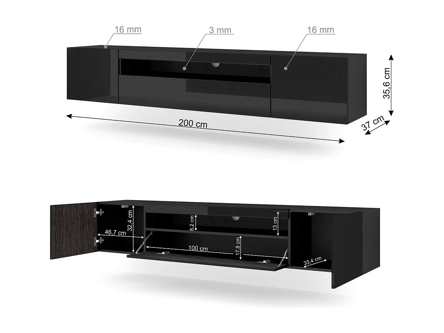 TV-kast AURA 200 cm hangend of staand, mat zwart / hoogglans zwart