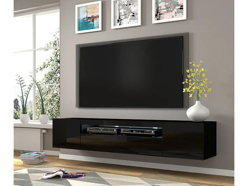 TV-kast AURA 200 cm hangend of staand, mat zwart / hoogglans zwart