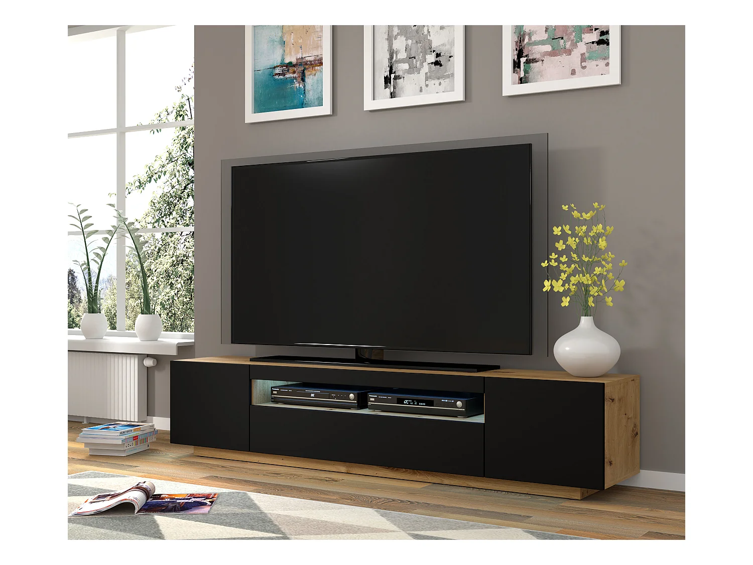 TV-kast AURA 200 cm hangend of staand, ambachtelijk eikenhout / mat zwart