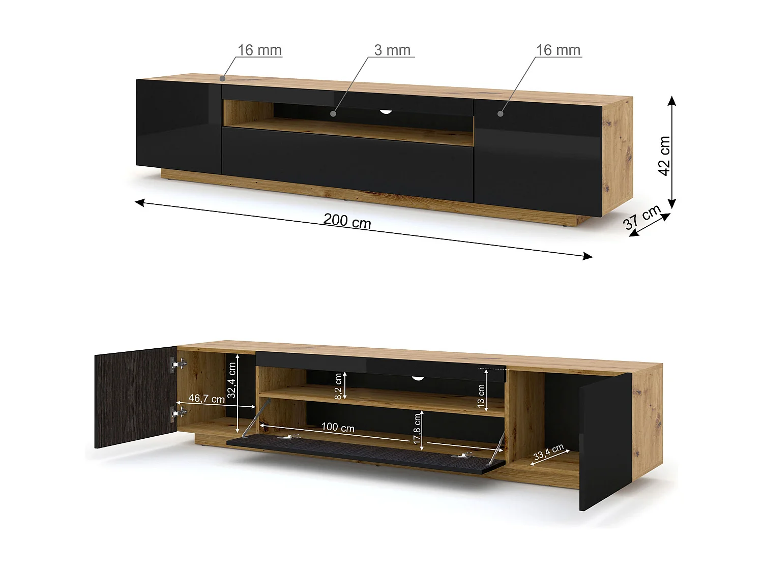 TV-kast AURA 200 cm hangend of staand, ambachtelijk eikenhout / mat zwart