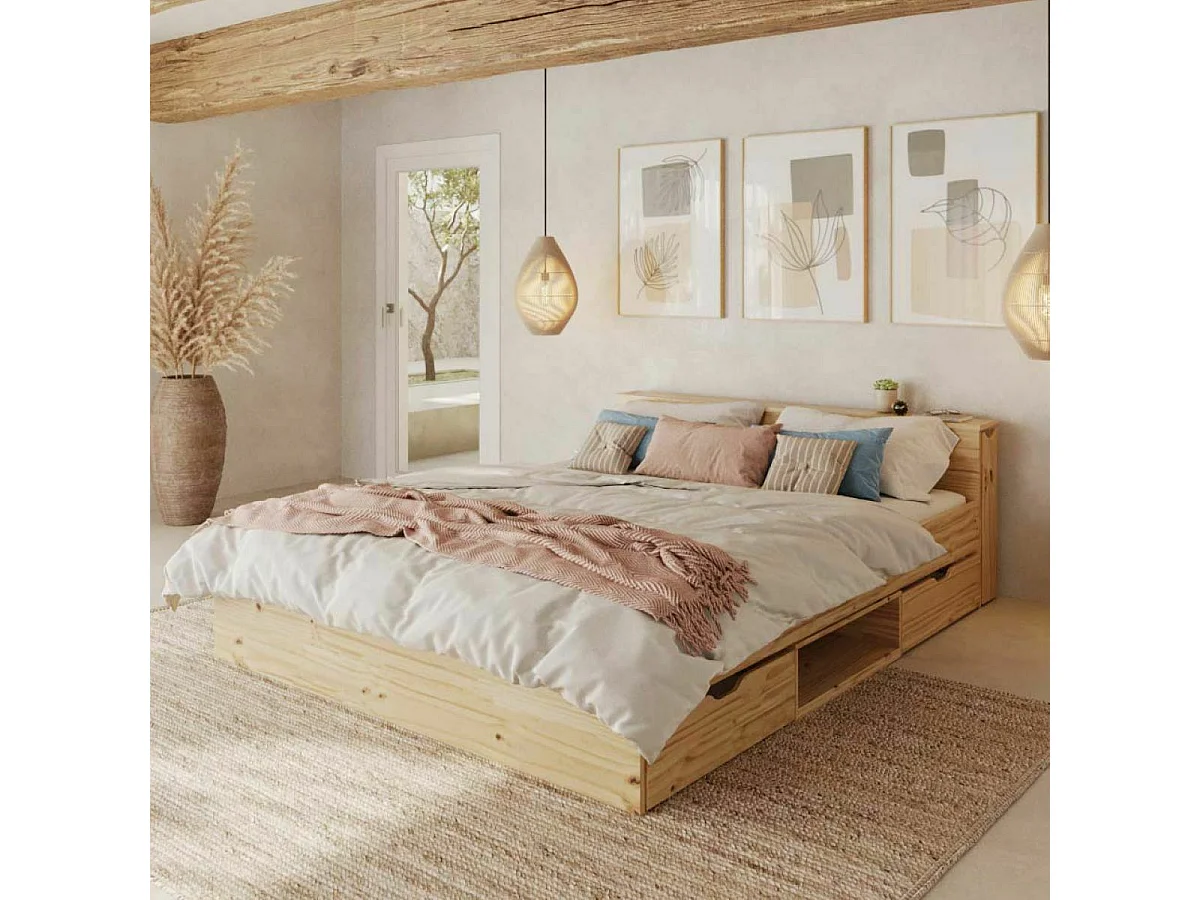 Lit avec rangement et 2 tiroirs 140x200 cm bois massif bois naturel JUDY