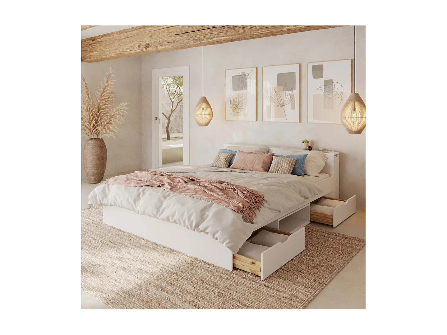 Pack lit avec 2 tiroirs et matelas 140x200 cm bois massif blanc JUDY