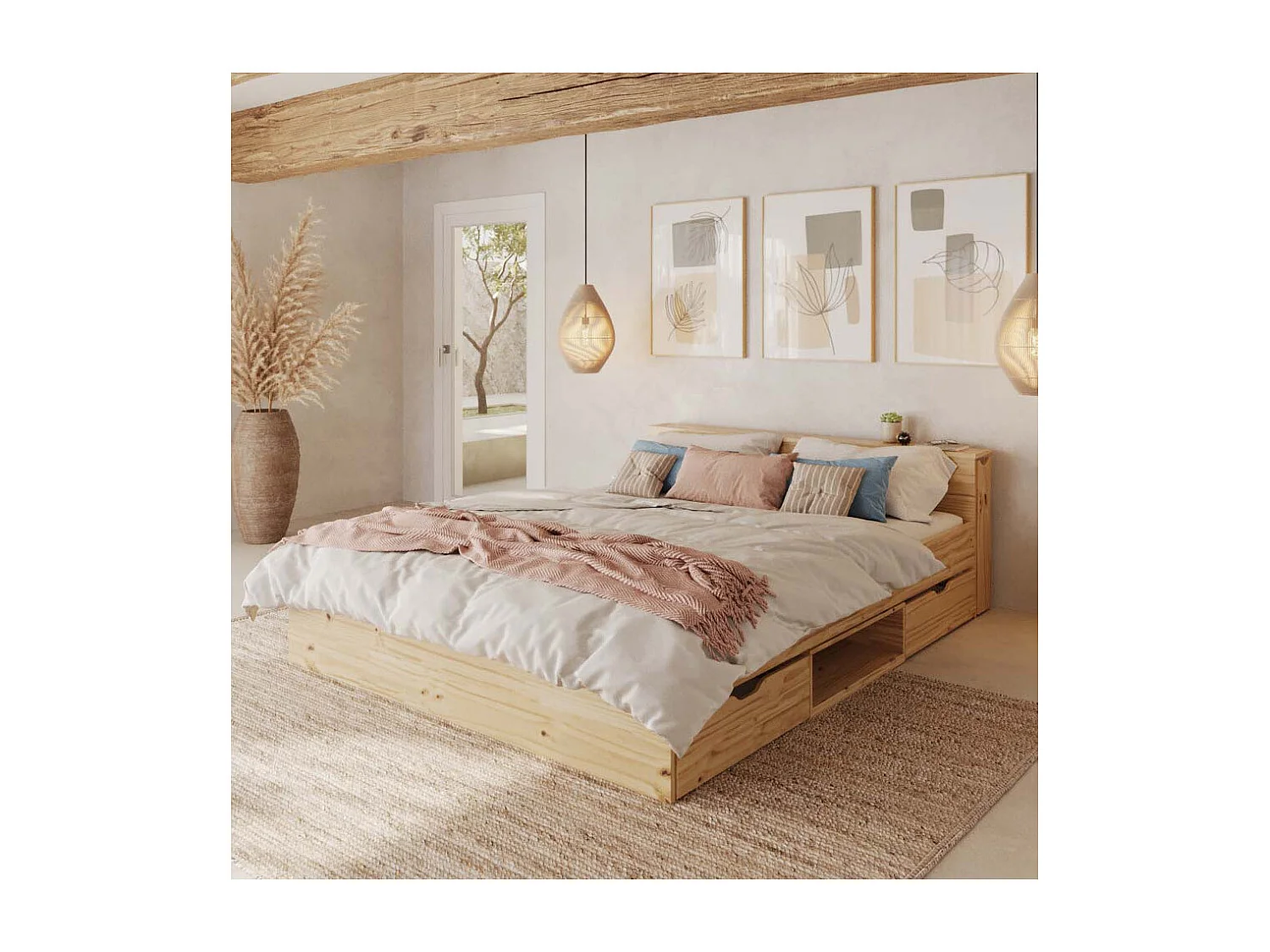 Lit avec rangement et 2 tiroirs 160x200 cm bois massif bois naturel JUDY