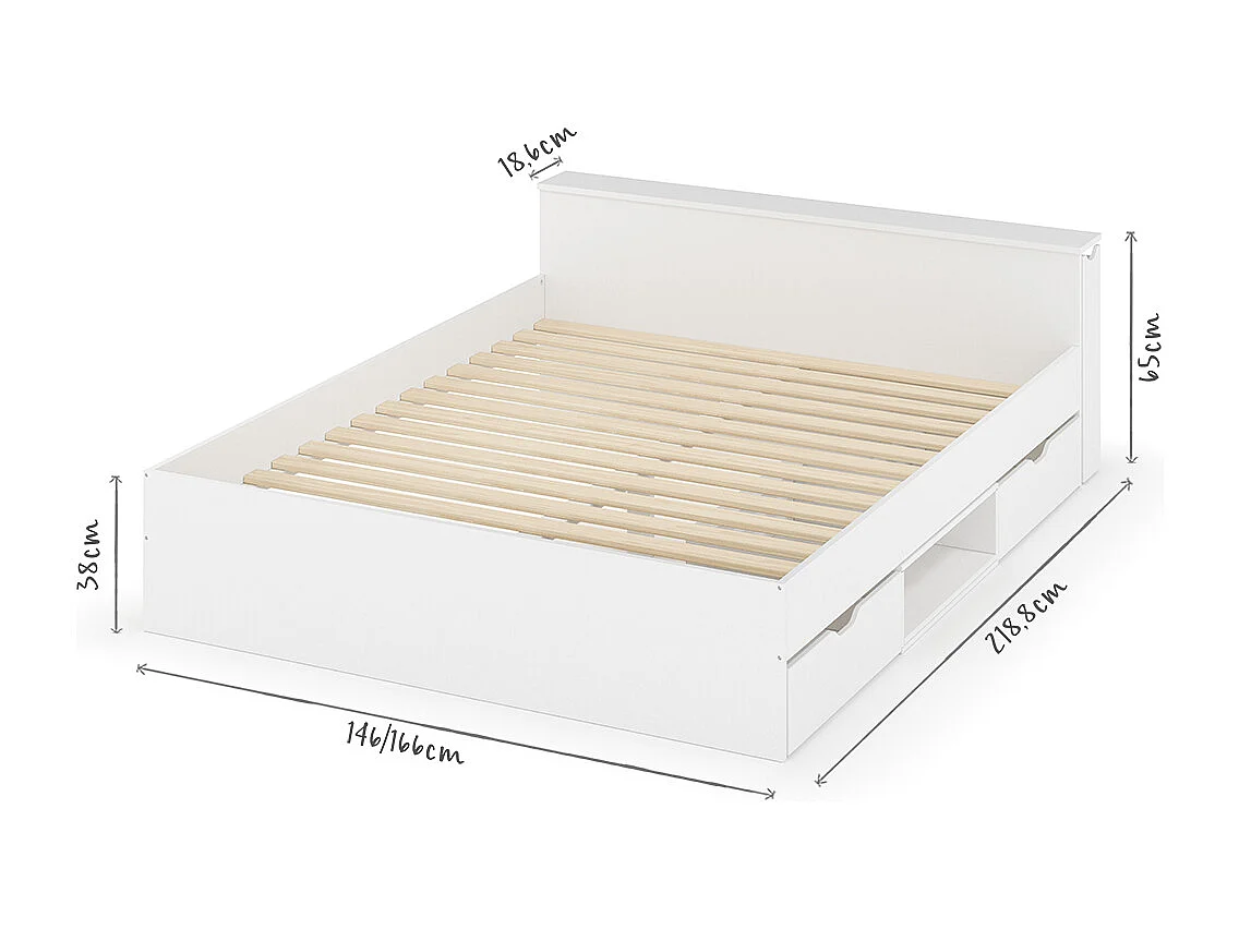 Lit avec rangement et 2 tiroirs 140x200 cm bois massif blanc JUDY