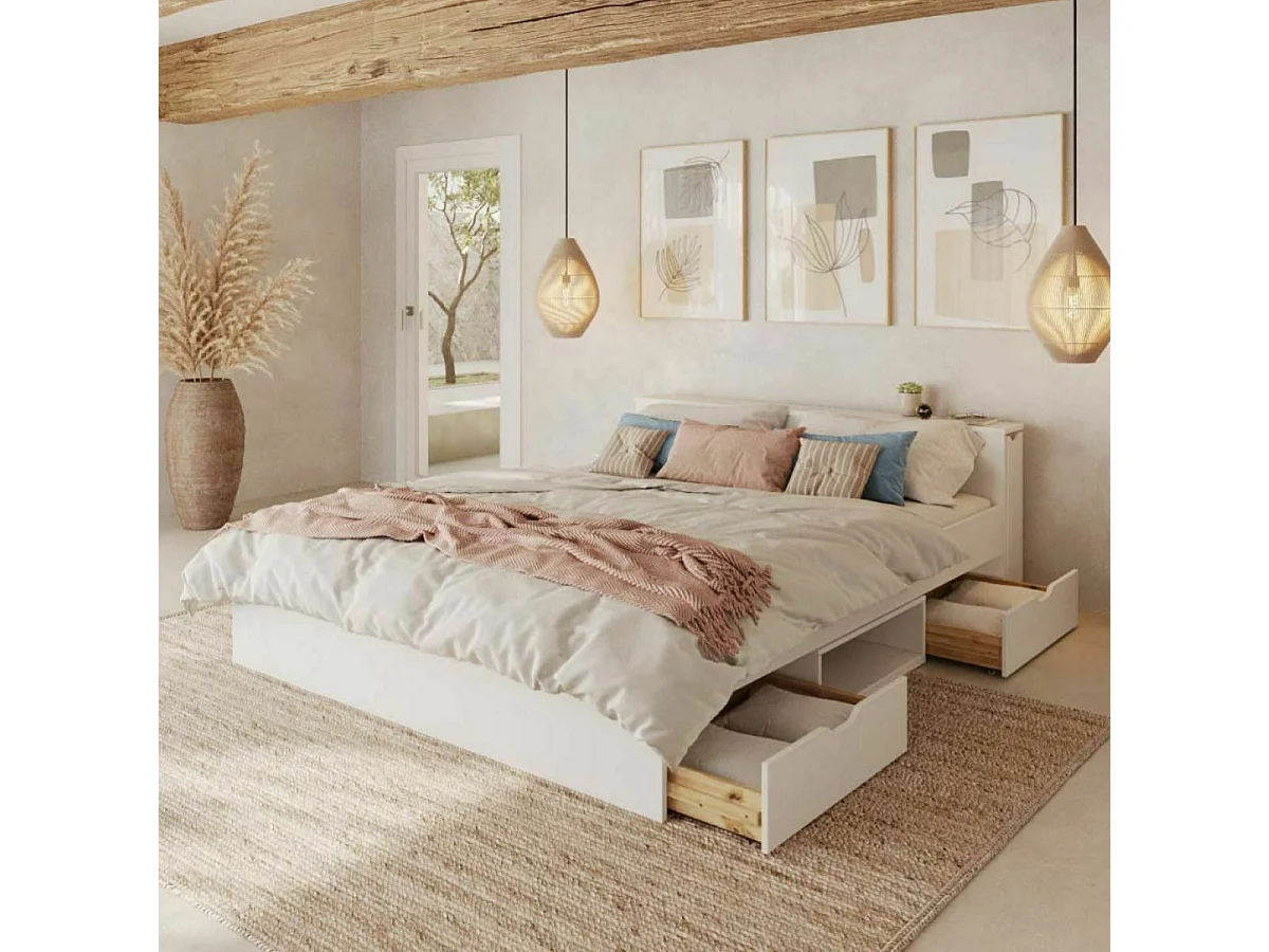 Lit avec rangement et 2 tiroirs 140x200 cm bois massif blanc JUDY
