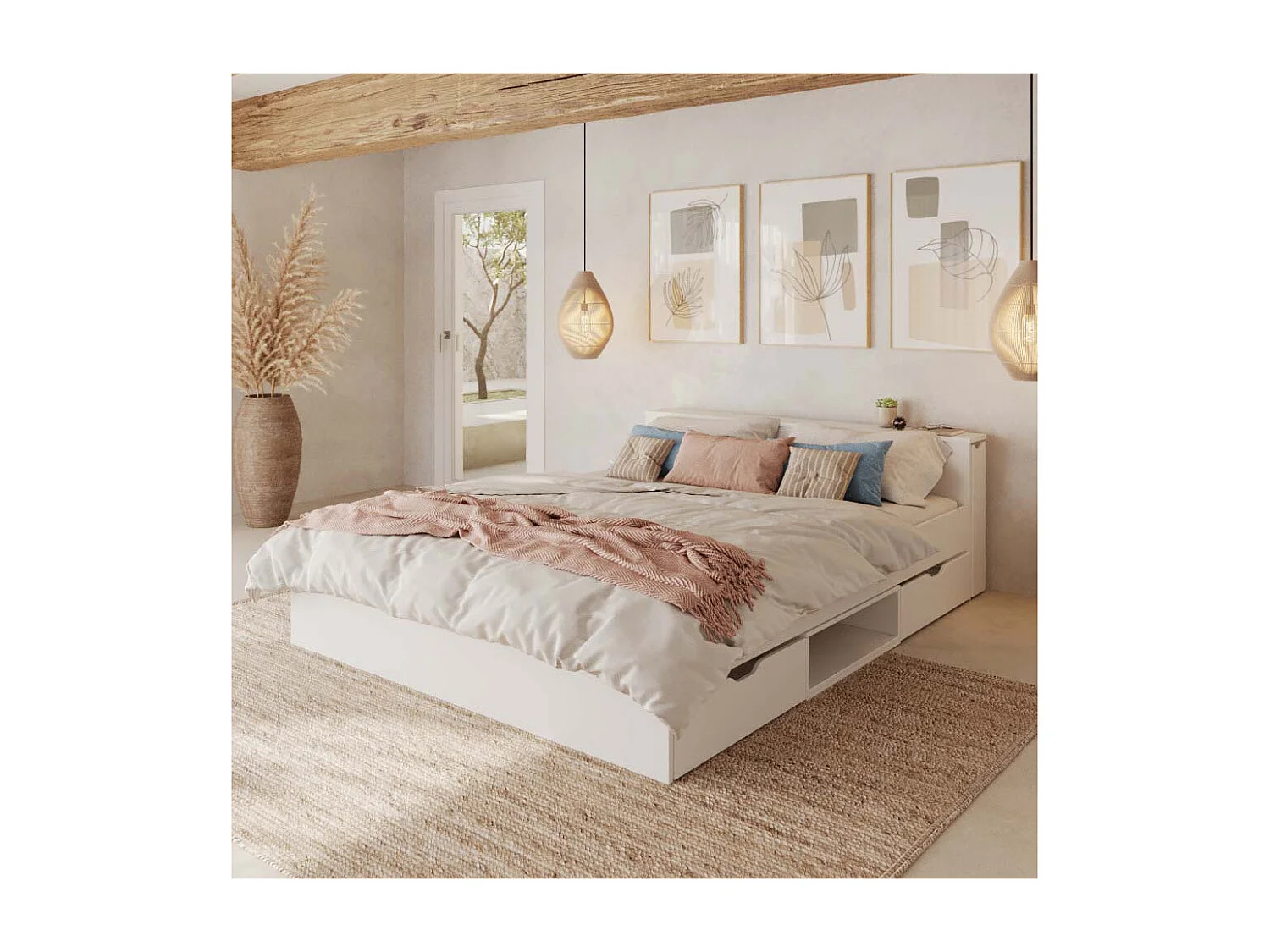Lit avec rangement et 2 tiroirs 140x200 cm bois massif blanc JUDY