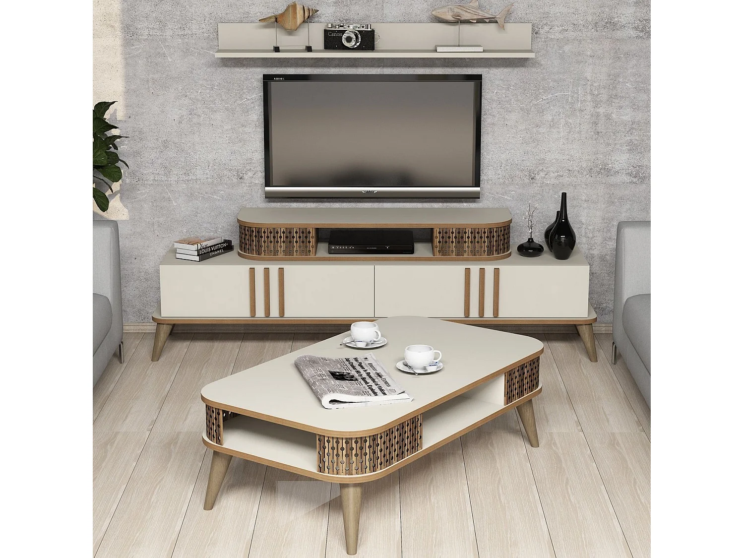 Conjunto de salón Kailua 385, Crema, Con mesa de TV|Partes separadas, Aglomerado laminado