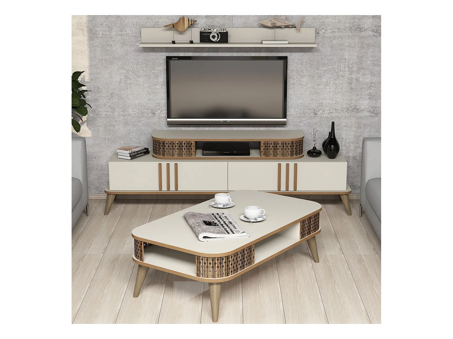 Conjunto de salón Kailua 385, Crema, Con mesa de TV|Partes separadas, Aglomerado laminado