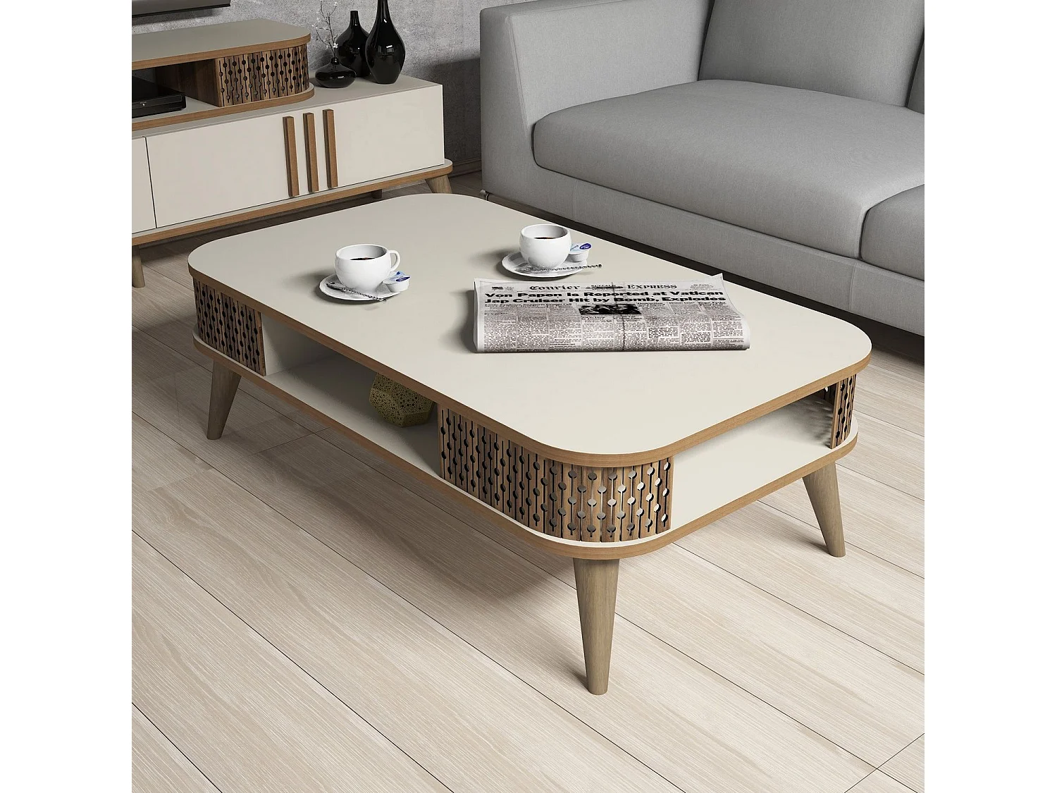 Ensemble meuble TV, table basse et étagère Chanez Chêne et Blanc crème