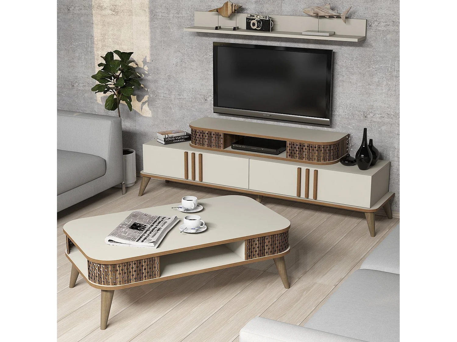 Ensemble meuble TV, table basse et étagère Chanez Chêne et Blanc crème