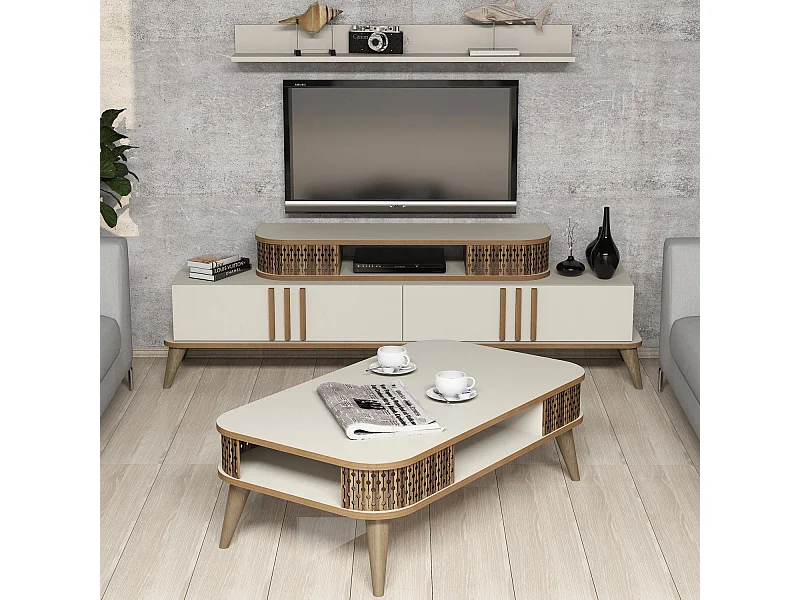 Conjunto de Mobiliário para Sala de Estar Eyl - Elegância e Conforto em Creme