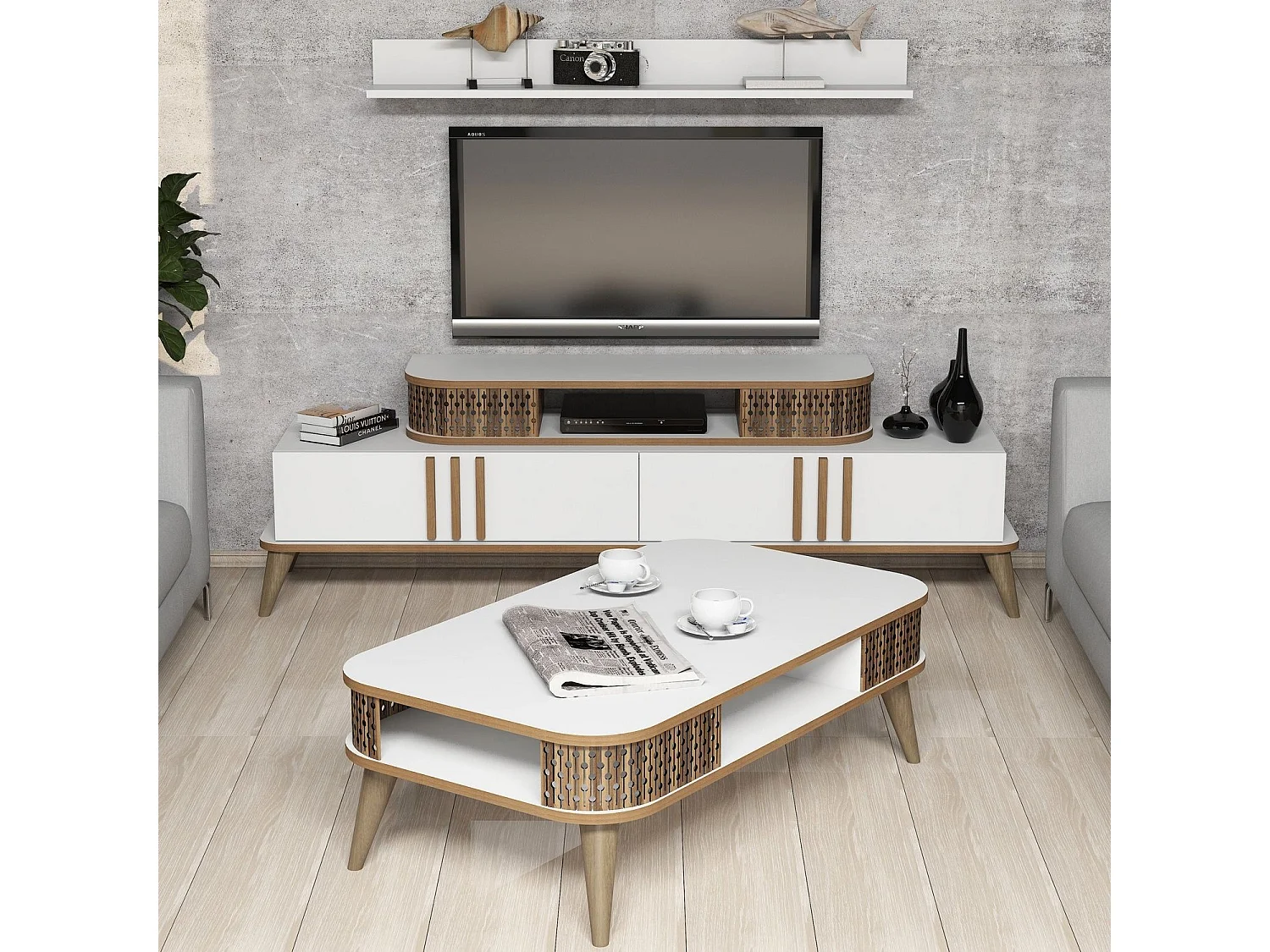 Ensemble meuble TV et table basse et étagère Chanez Bois et Blanc