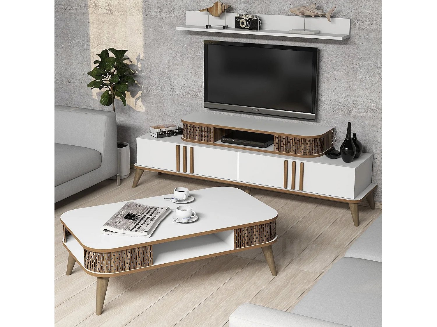 Ensemble meuble TV et table basse et étagère Chanez Bois et Blanc