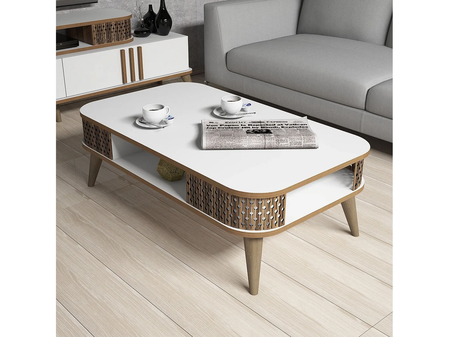 Ensemble meuble TV et table basse et étagère Chanez Bois et Blanc