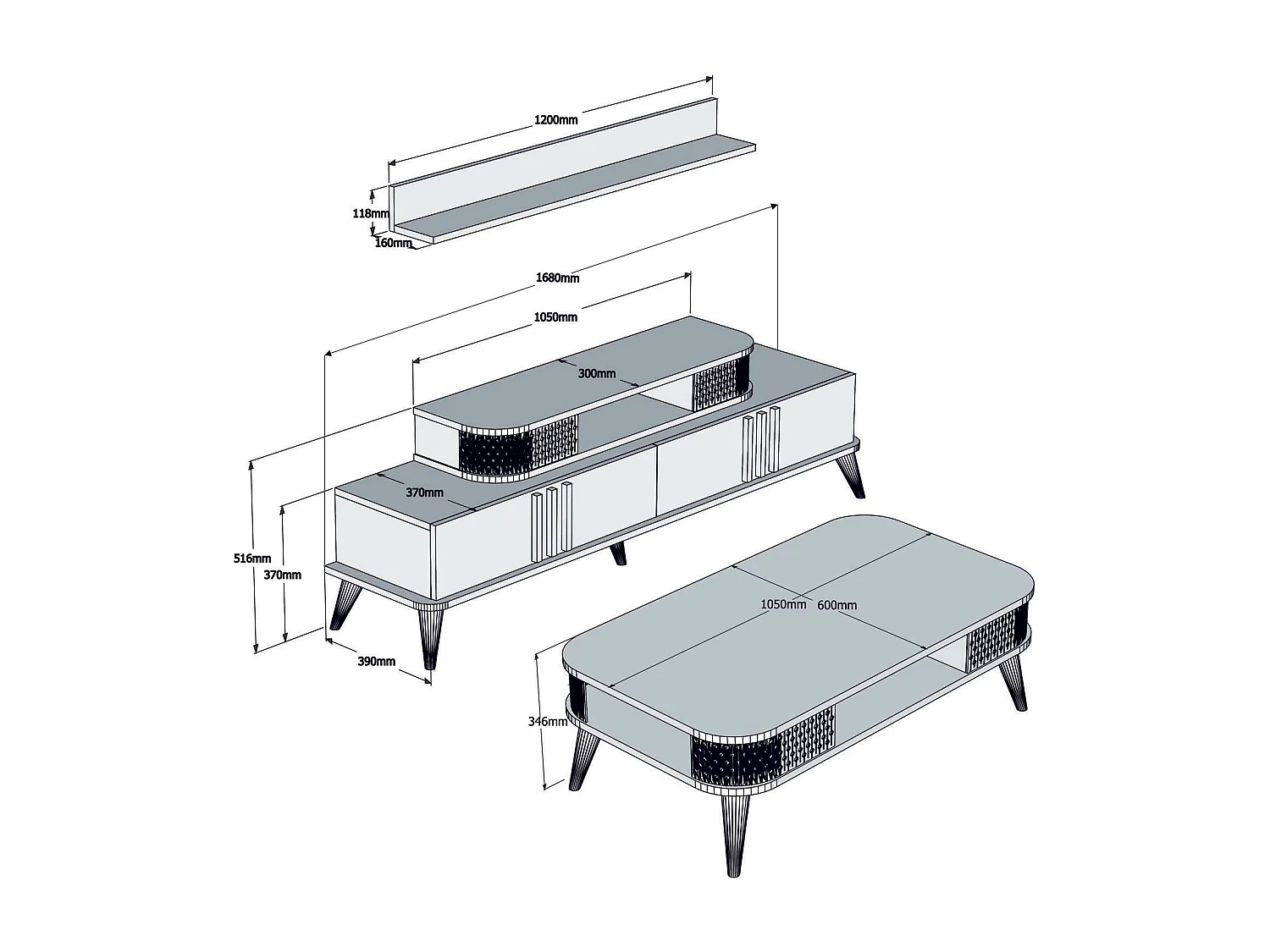 Ensemble meuble TV et table basse et étagère Chanez Bois et Blanc