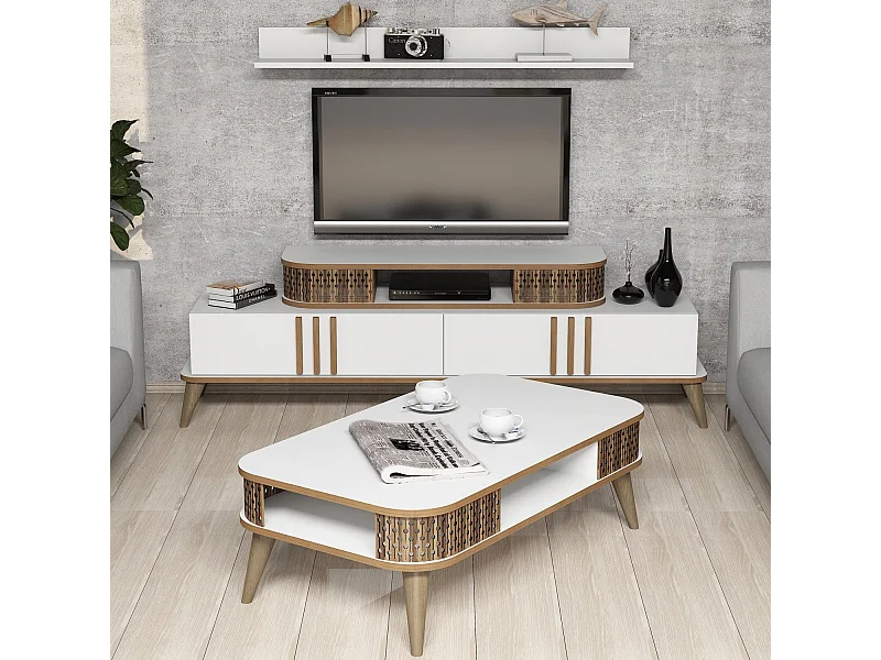 Ensemble meuble TV et table basse et étagère Chanez Bois et Blanc