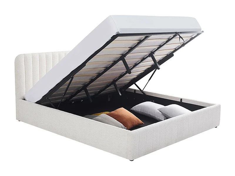 Lit coffre adulte 180x200 cm avec tête de lit capitonnée en tissu bouclé beige - Ava