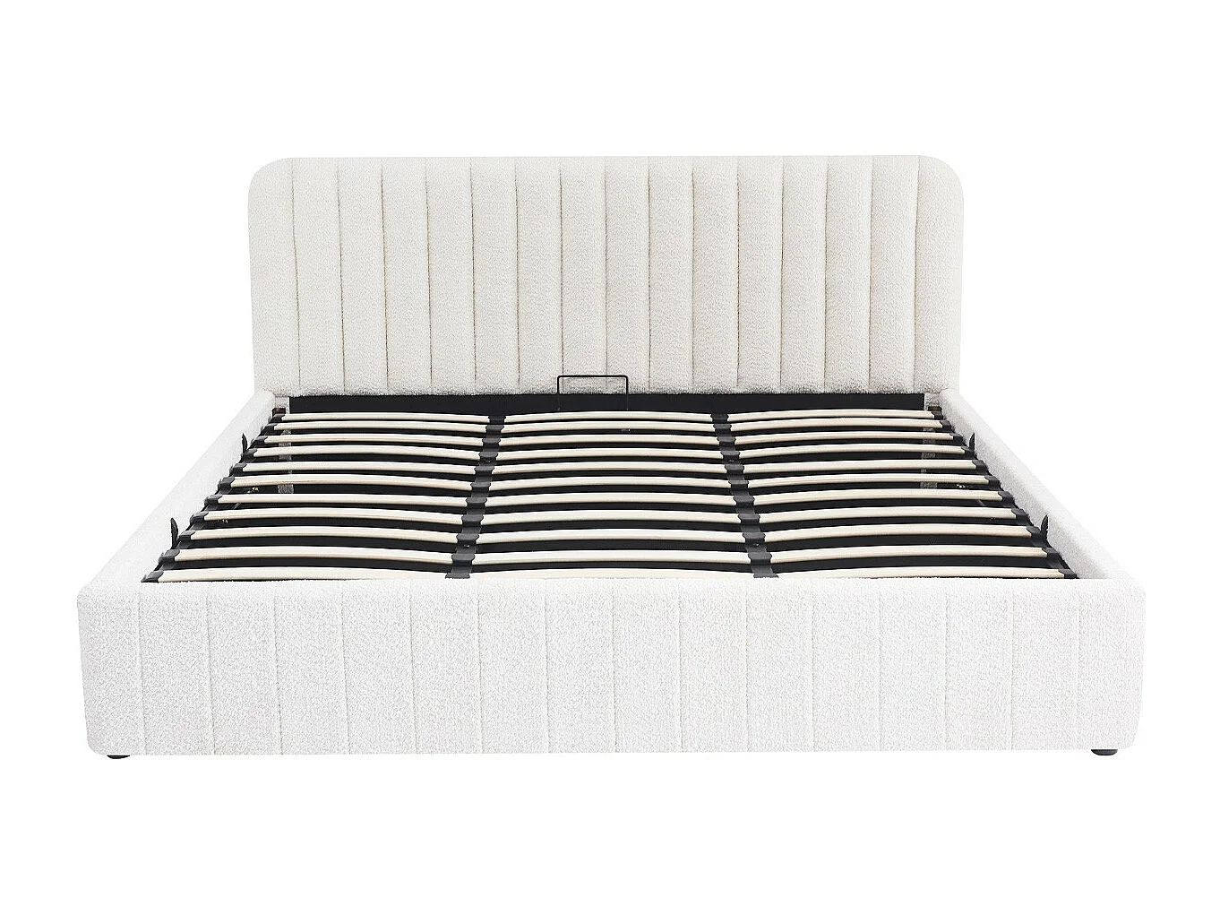 Lit coffre adulte 180x200 cm avec tête de lit capitonnée en tissu bouclé beige - Ava