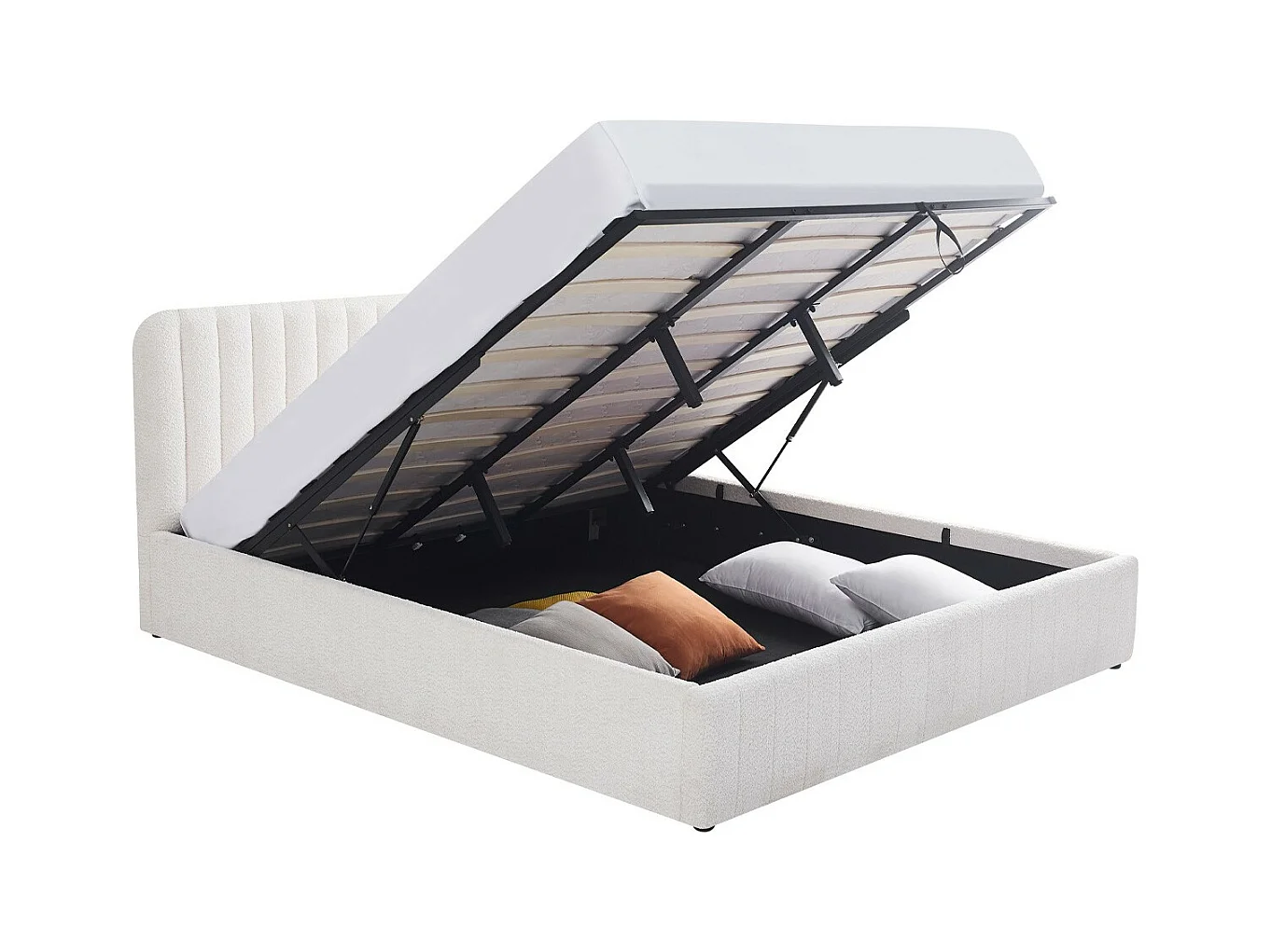 Lit coffre adulte 180x200 cm avec tête de lit capitonnée en tissu bouclé beige - Ava
