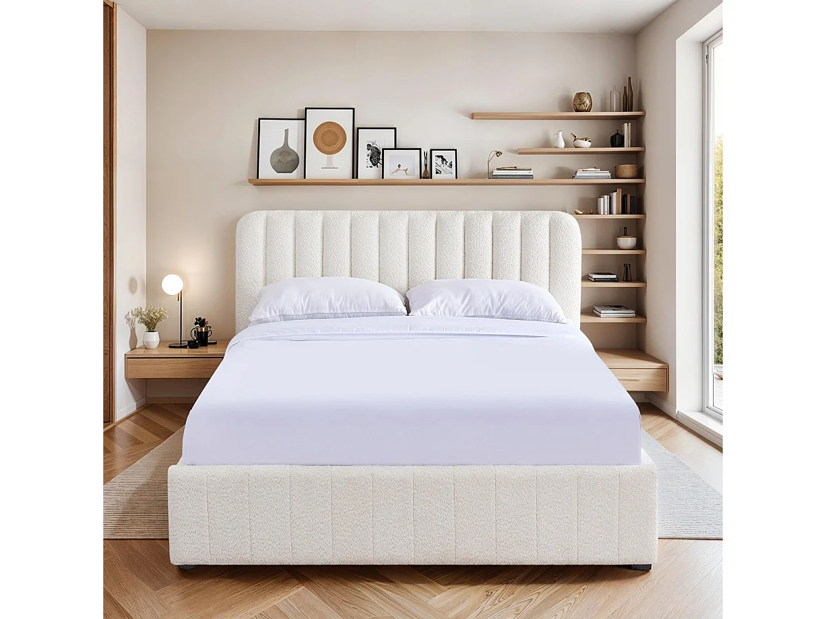 Lit coffre adulte 180x200 cm avec tête de lit capitonnée en tissu bouclé beige - Ava