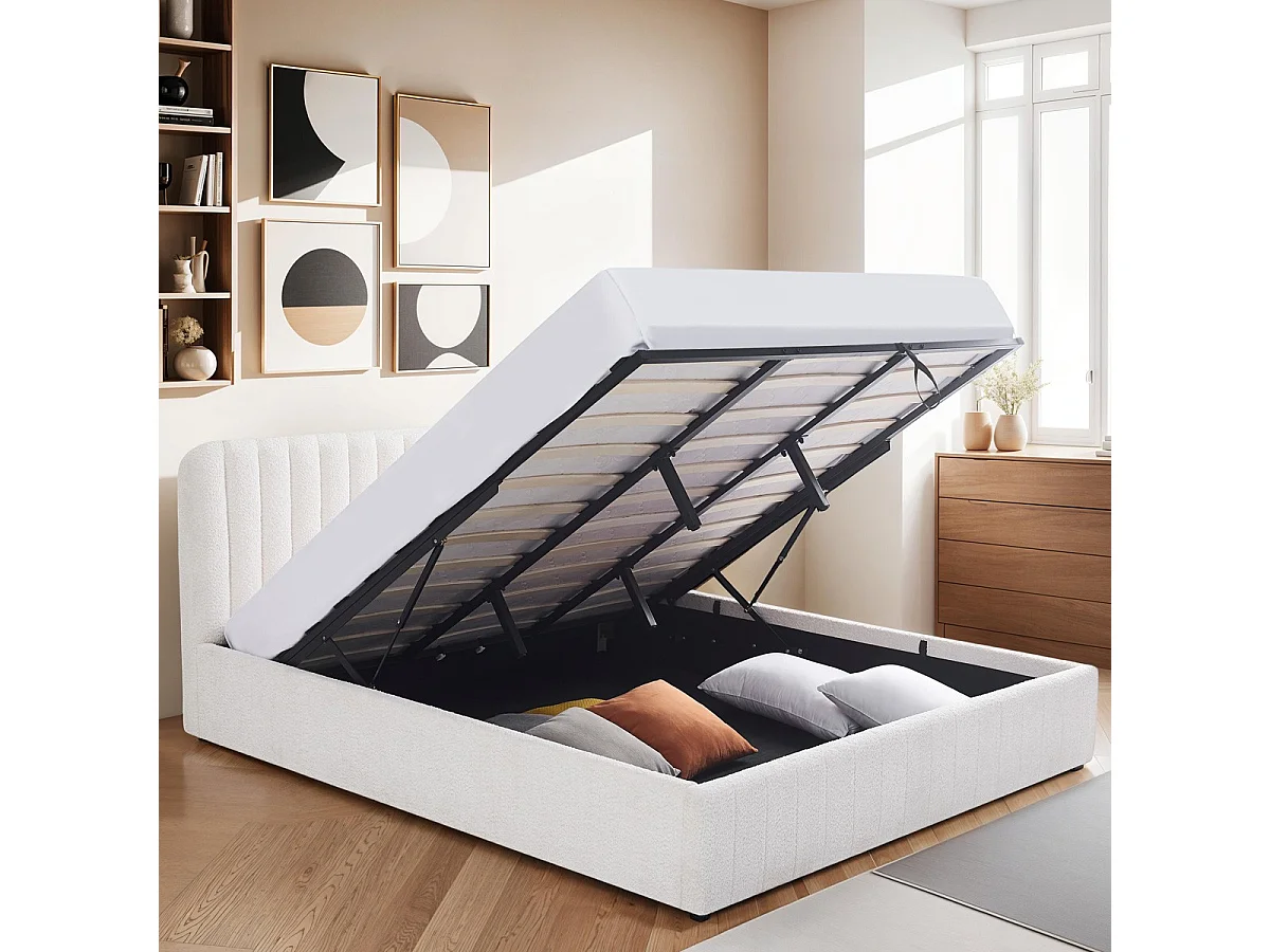 Lit coffre adulte 180x200 cm avec tête de lit capitonnée en tissu bouclé beige - Ava