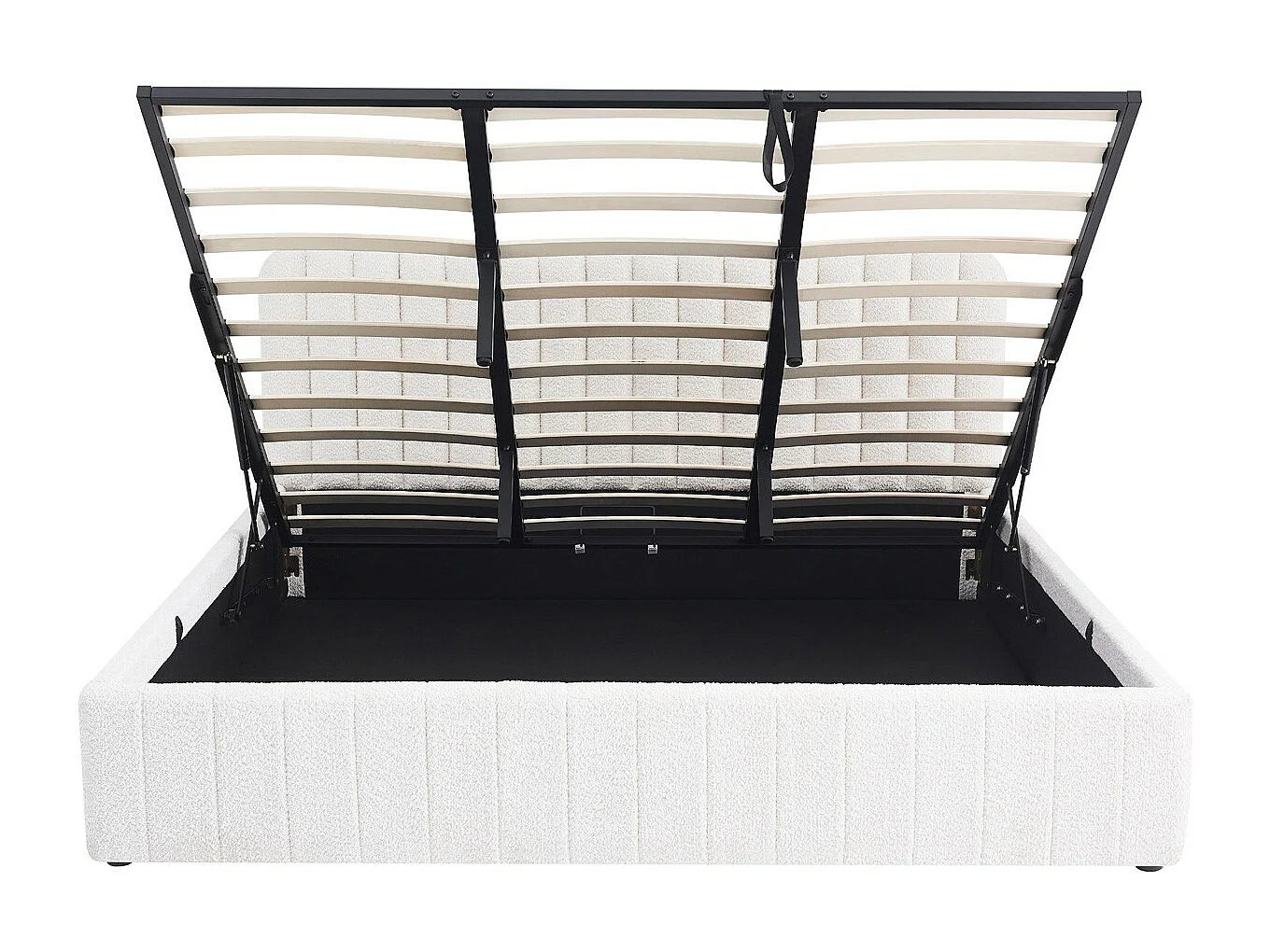 Lit coffre adulte 180x200 cm avec tête de lit capitonnée en tissu bouclé beige - Ava