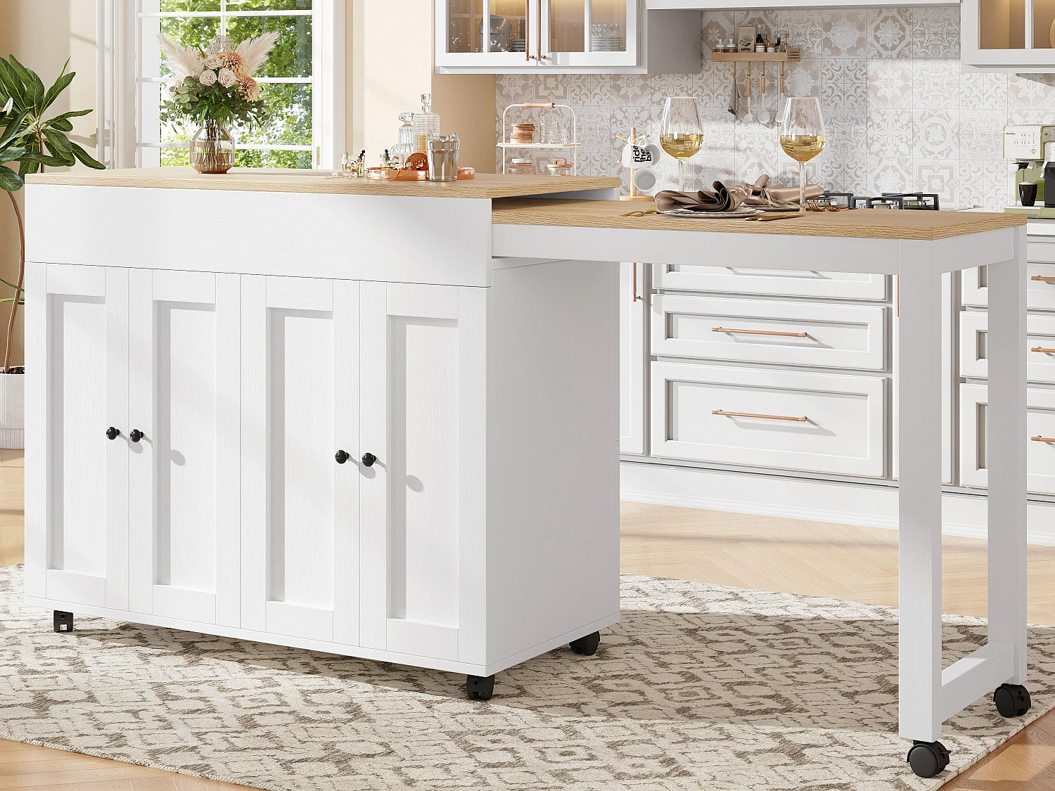 Ilot central de cuisine avec 4 portes - Plateau extensible - 118(180)x46x94 cm - Blanc+naturel