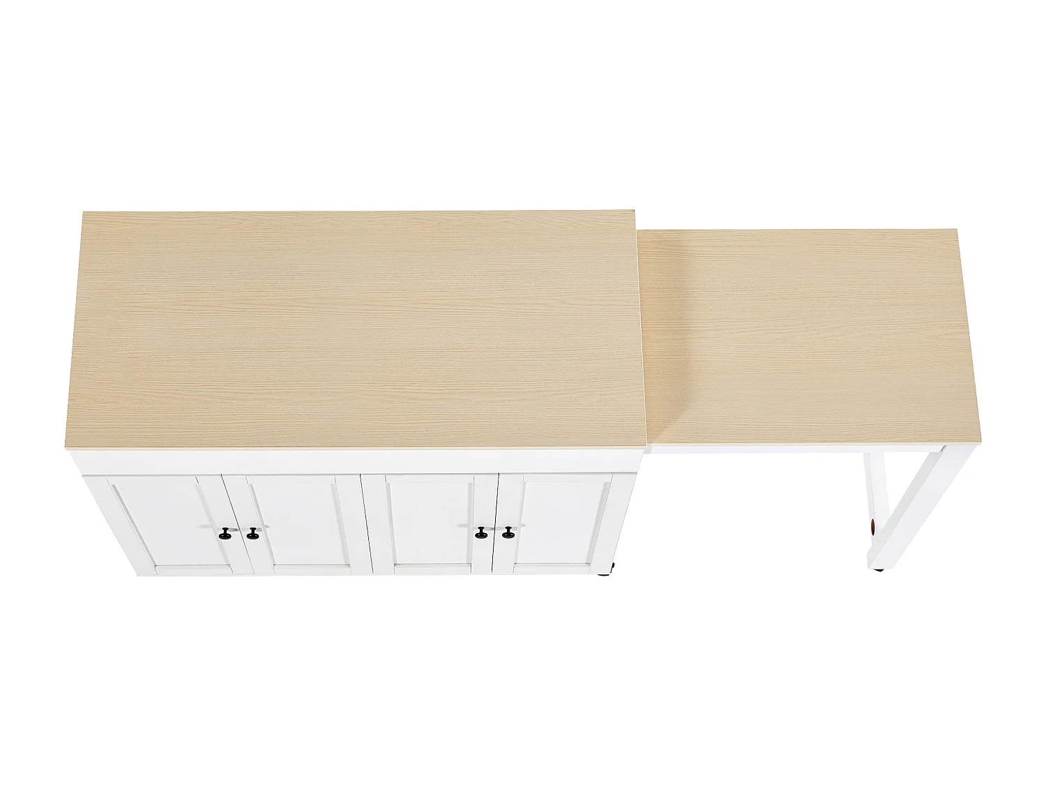 Ilot central de cuisine avec 4 portes - Plateau extensible - 118(180)x46x94 cm - Blanc+naturel