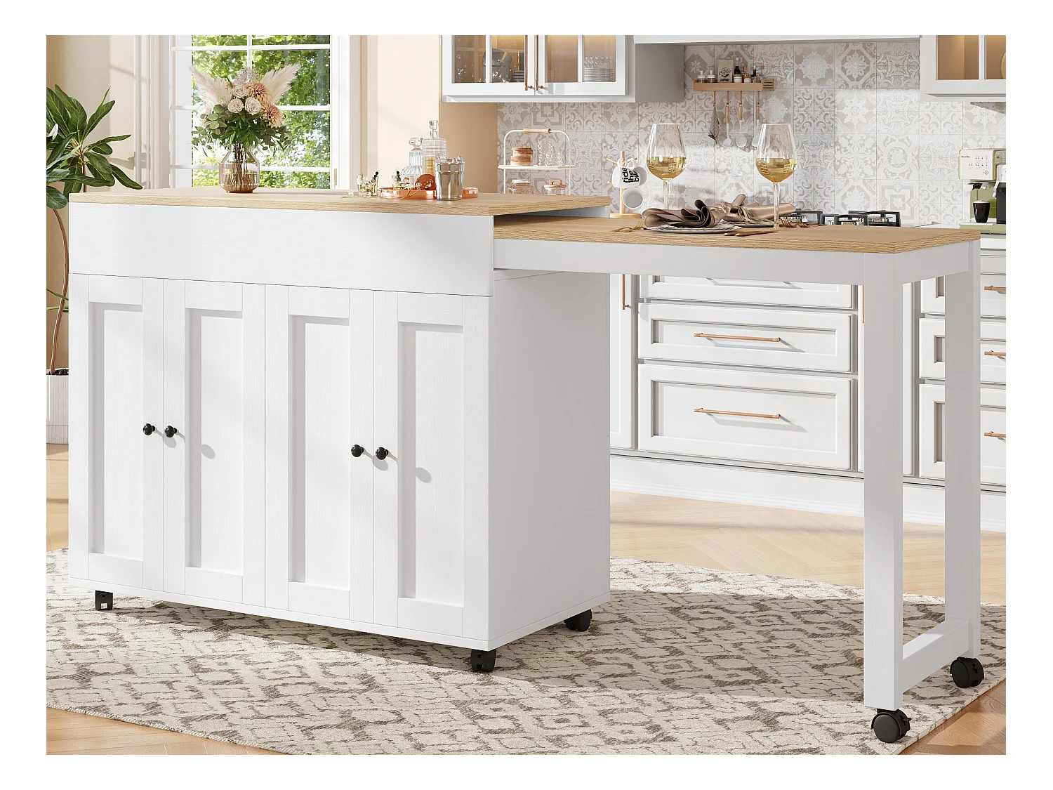 Ilot central de cuisine avec 4 portes - Plateau extensible - 118(180)x46x94 cm - Blanc+naturel