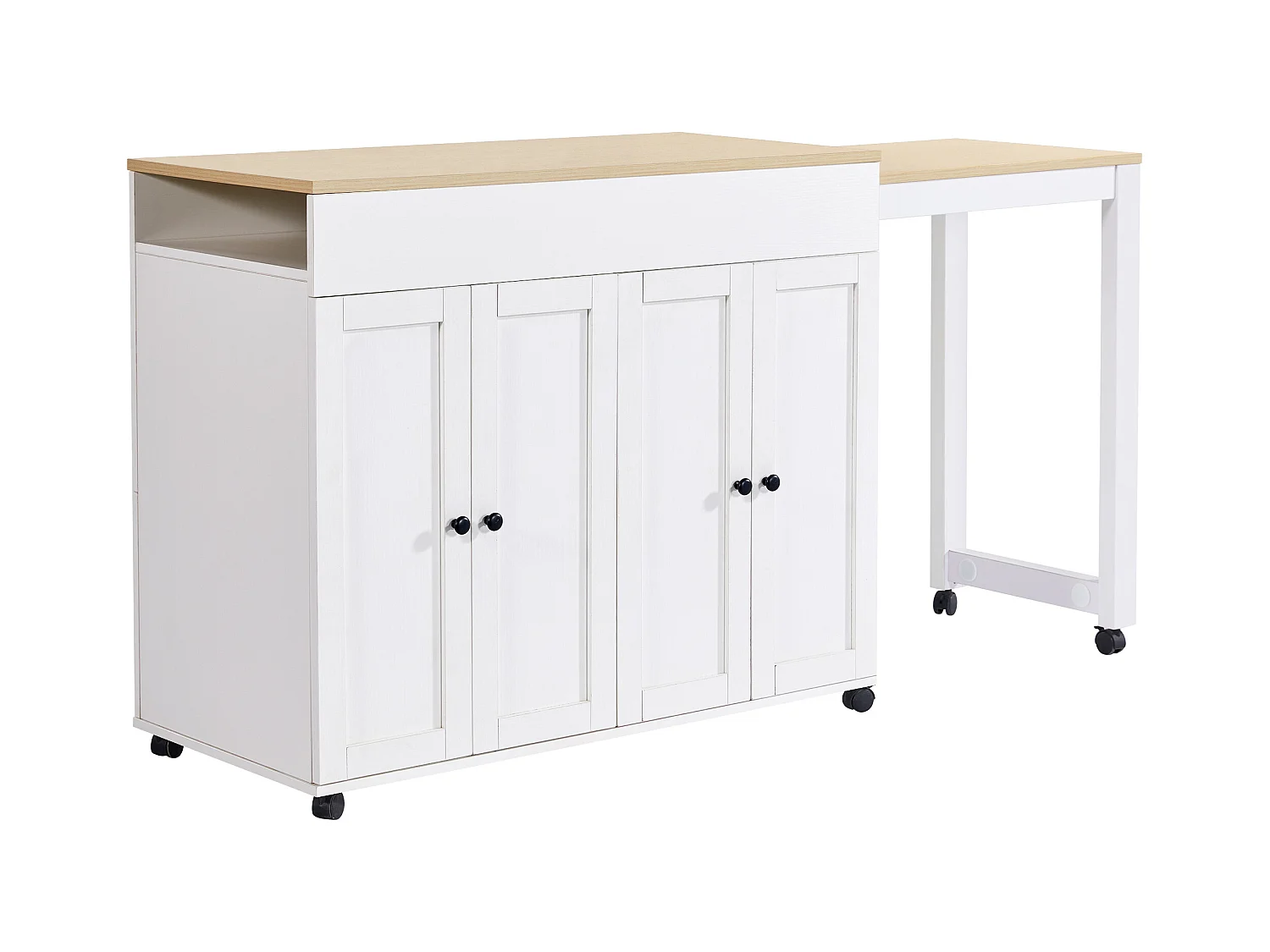 Zentrale Kücheninsel mit 4 Türen - Ausziehbares Tablett - 118(180)x46x94 cm - Weiß+ Natürlich