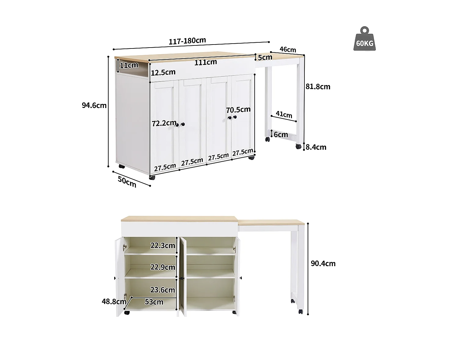 Ilot central de cuisine avec 4 portes - Plateau extensible - 118(180)x46x94 cm - Blanc+naturel