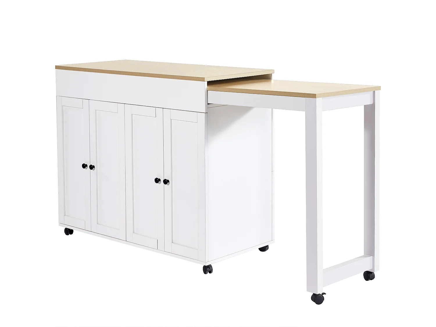 Ilot central de cuisine avec 4 portes - Plateau extensible - 118(180)x46x94 cm - Blanc+naturel