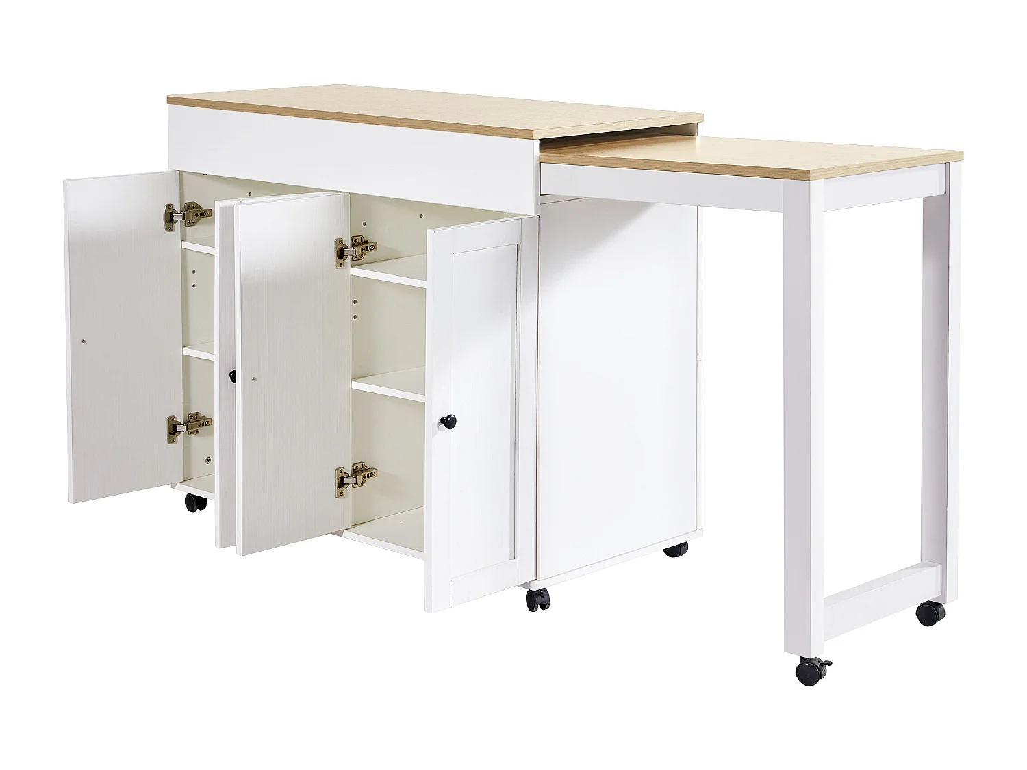 Ilot central de cuisine avec 4 portes - Plateau extensible - 118(180)x46x94 cm - Blanc+naturel