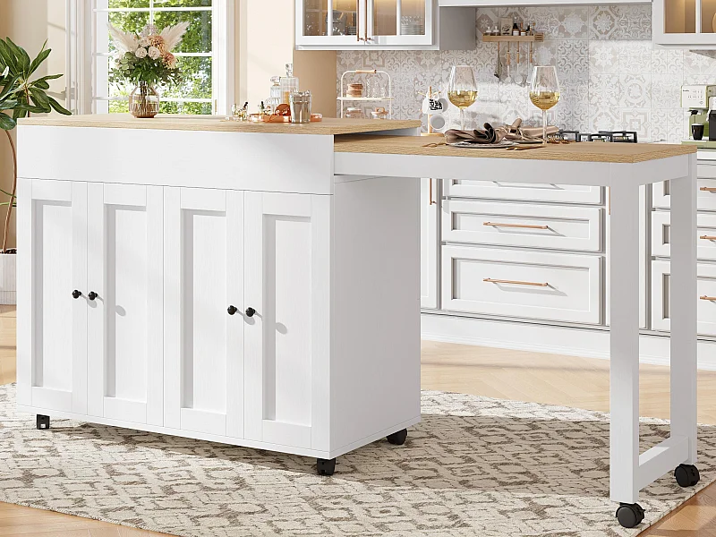 Ilot central de cuisine avec 4 portes - Plateau extensible - 118(180)x46x94 cm - Blanc+naturel