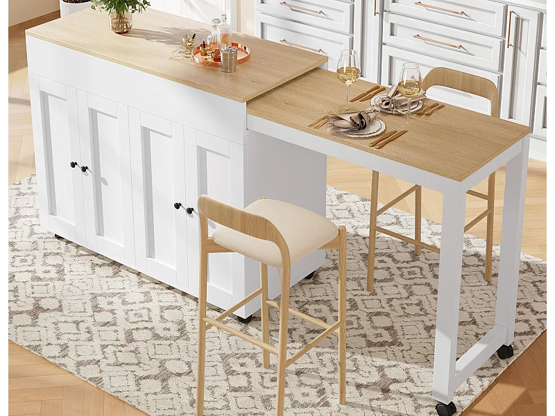 Isola centrale di cucina con 4 porte - Pannello estensibile - 118(180)x46x94 cm - Bianco + naturale