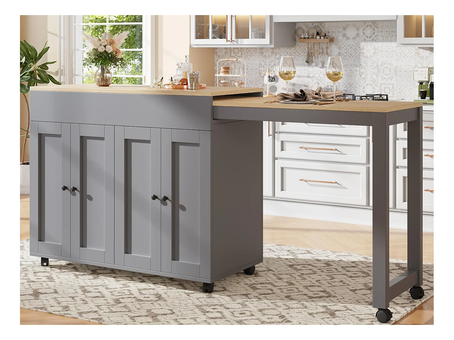 Ilot central de cuisine avec 4 portes - Plateau extensible - 118(180)x46x94 cm - Gris+naturel