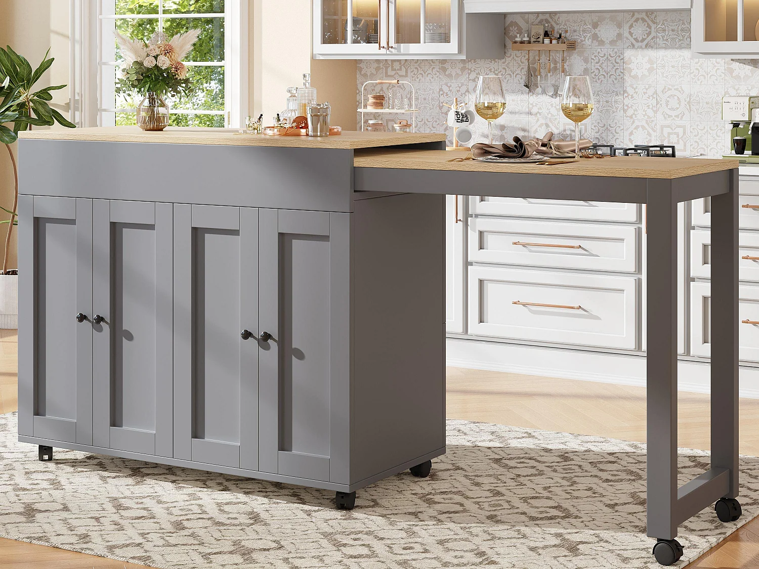 Ilot central de cuisine avec 4 portes - Plateau extensible - 118(180)x46x94 cm - Gris+naturel