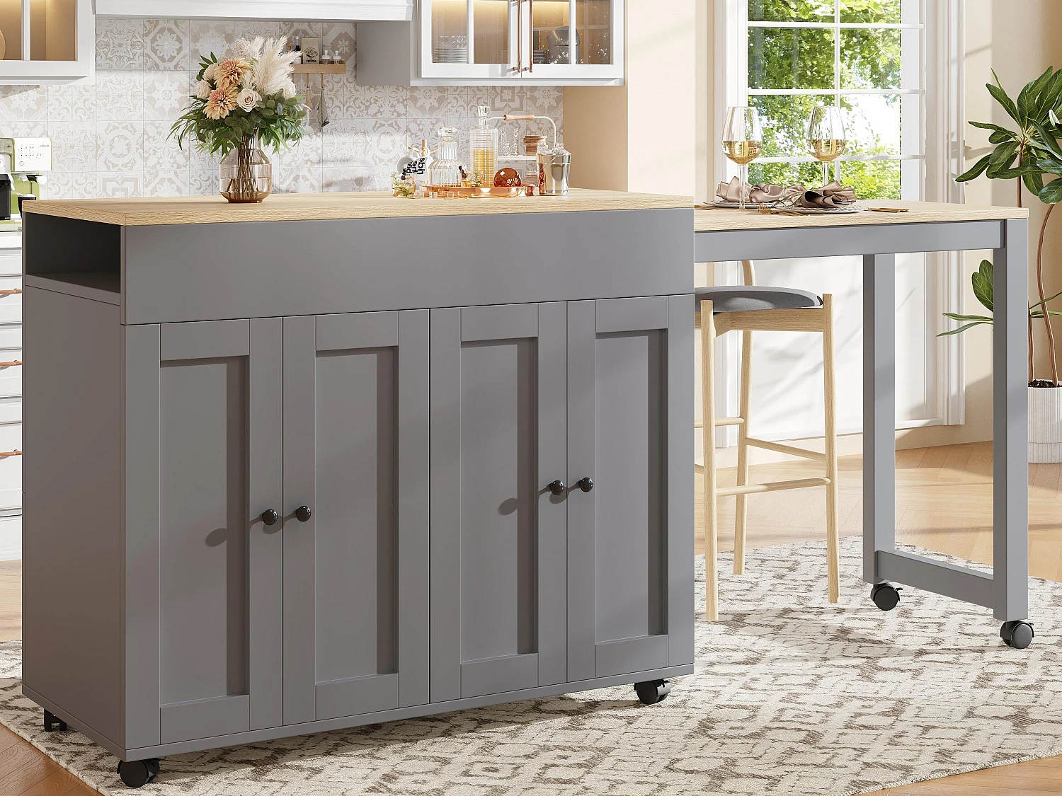 Ilot central de cuisine avec 4 portes - Plateau extensible - 118(180)x46x94 cm - Gris+naturel