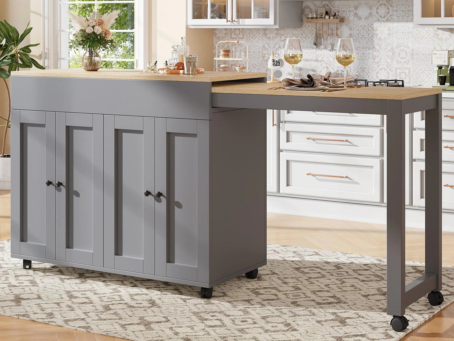 Ilot central de cuisine avec 4 portes - Plateau extensible - 118(180)x46x94 cm - Gris+naturel