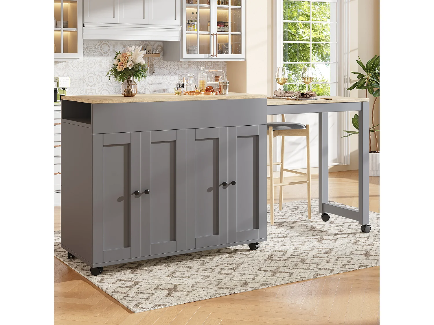 Ilot central de cuisine avec 4 portes - Plateau extensible - 118(180)x46x94 cm - Gris+naturel