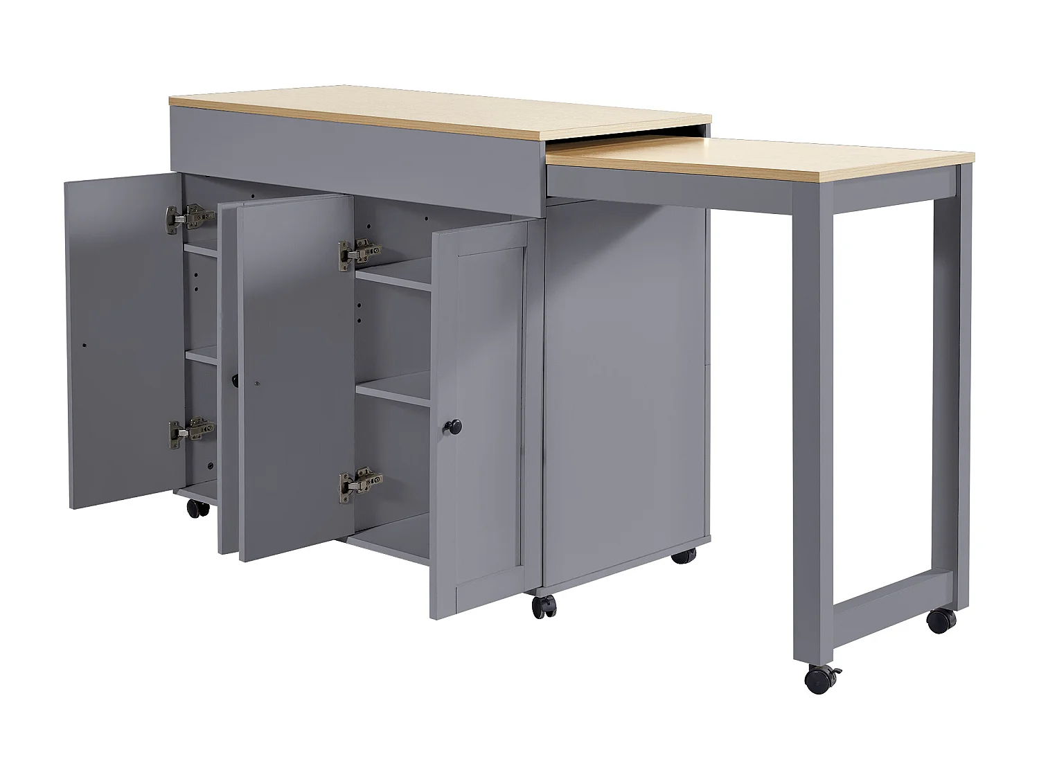 Ilot central de cuisine avec 4 portes - Plateau extensible - 118(180)x46x94 cm - Gris+naturel