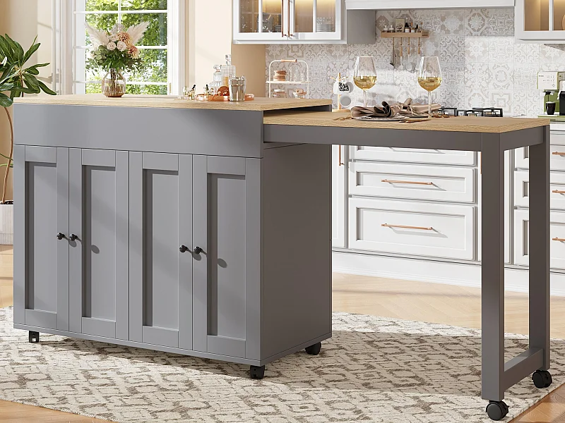 Ilot central de cuisine avec 4 portes - Plateau extensible - 118(180)x46x94 cm - Gris+naturel
