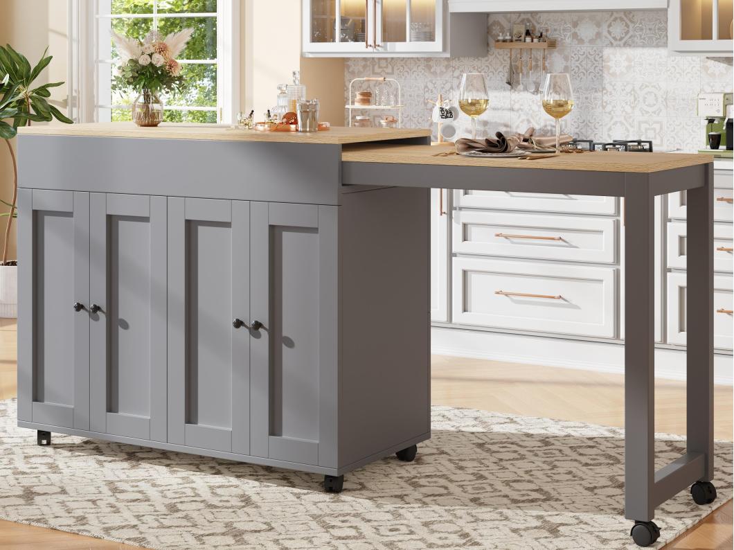 Ilha central de cozinha com 4 portas - Tampo extensível - 118(180)x46x94 cm - Cinza + Natural