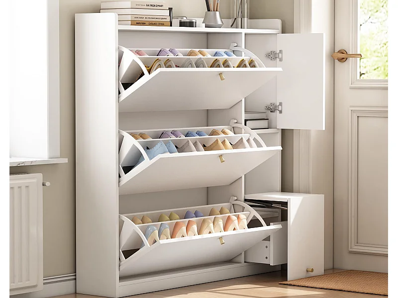 Wielofunkcyjny mebel na buty 119x24x122cm - z 3 składanymi szufladami - z składanym ławą - z drzwiami - biały