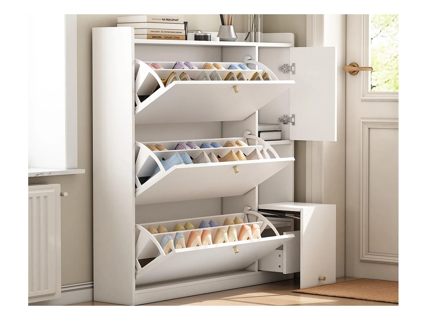 Multifunktionales Schuhmöbel 119x24x122 cm - mit 3 klappbaren Schubladen - mit klappbarer Bank - mit einer Tür - weiß