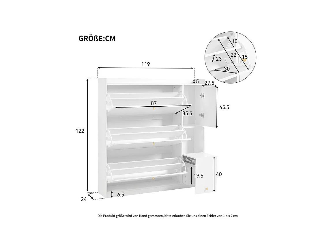 Mueble para zapatos multifuncional 119x24x122 cm - con 3 cajones plegables - con banco plegable - con una puerta - blanco