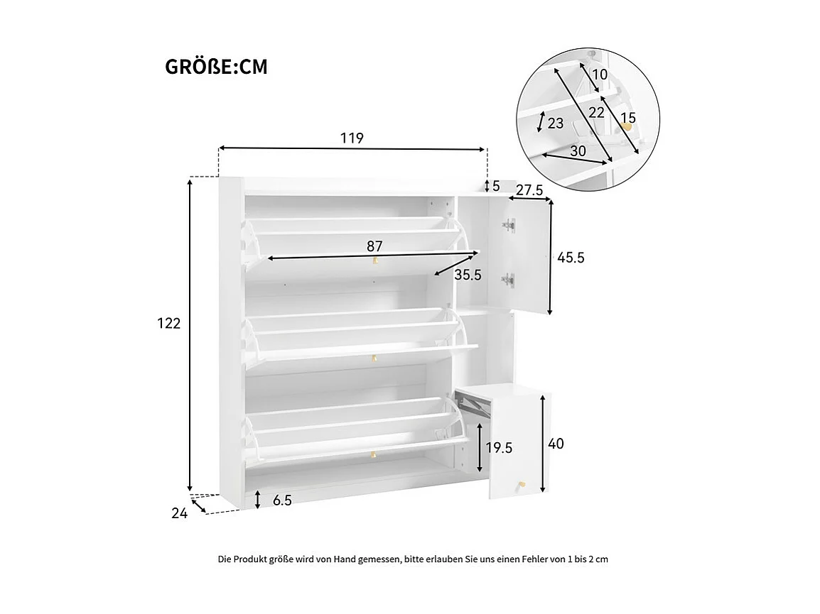 Meuble à chaussures multifonction 119x24x122cm - avec 3 tiroirs rabattables - avec banc rabattable - avec une porte - blanc